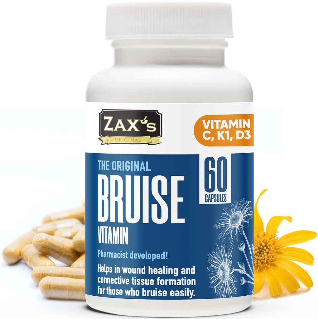 ZAX'S Bruise ויטמין Pharmacist פיתחה תוספי Bruisings Potent Bruising Swelling צמצם, Zinc, ויטמין K, D3, Ascorbic Acid, Citrus Bioflavonoids, 60 Caps, משלב Arnica Bruise Cream Cream Cream Cream Cream Cream