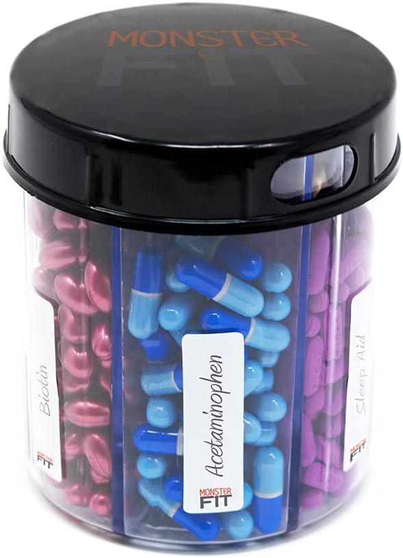 Monster Junior תוסף Pill Dispenser - Holds Small Medium Medicine ויטמינים ו- Easily Dispense של One Container כולל תוויות השוואתיות ( 1 Pack)