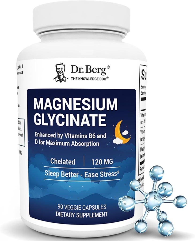 Dr. Berg Magnesium Glycinate with Vitamin D & B6 for Stress Relief, Calm, Relaxation, & Good Sleep* - 120 mg Magnesium Bisglycinate Capsules - High Absorption Chelated Glycinate - 90 Cap