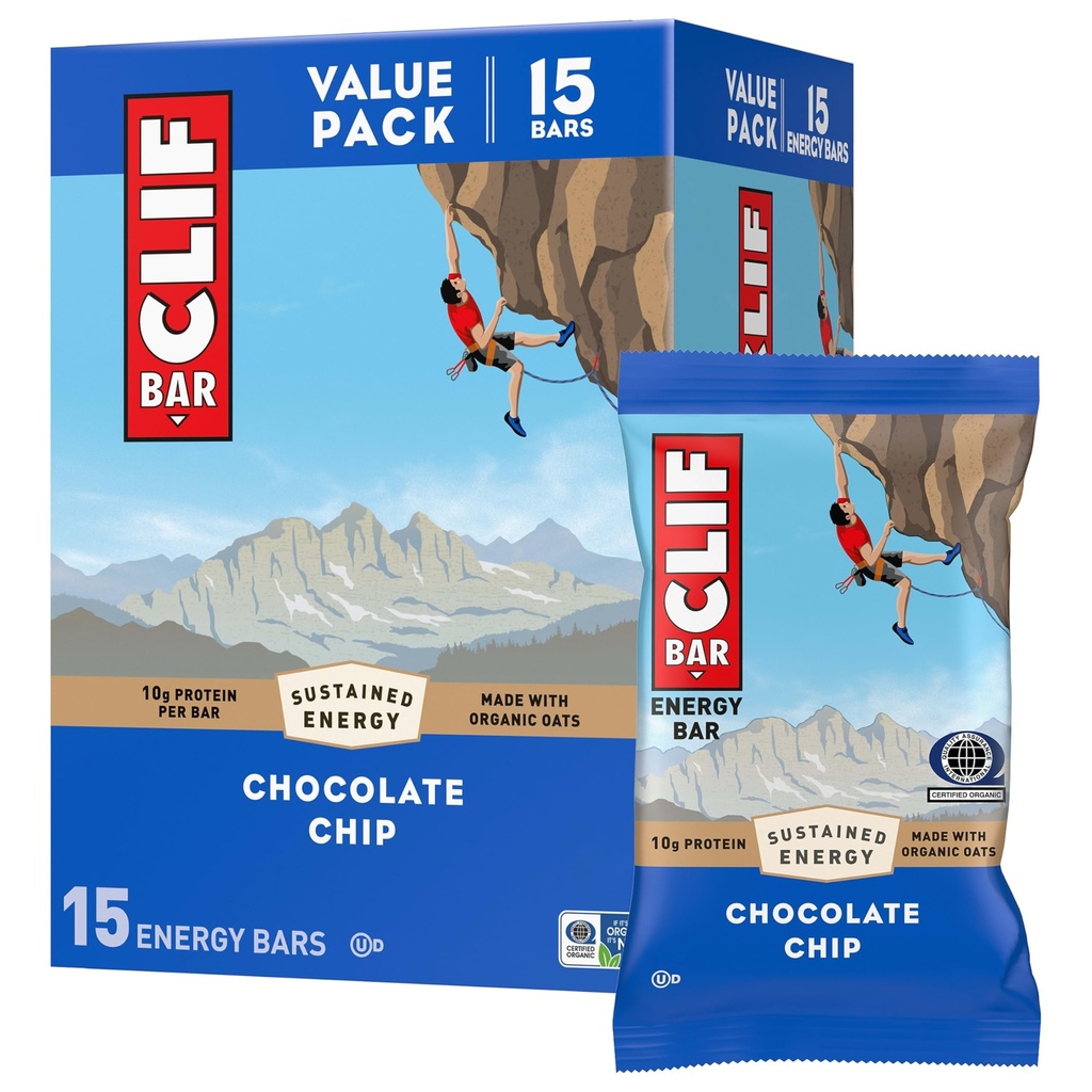 CLIF BAR - Energy Proteins - צ'יפ שוקולד - Made with Organic Oats - Energy Bars - non-GMO - (15 Pack)