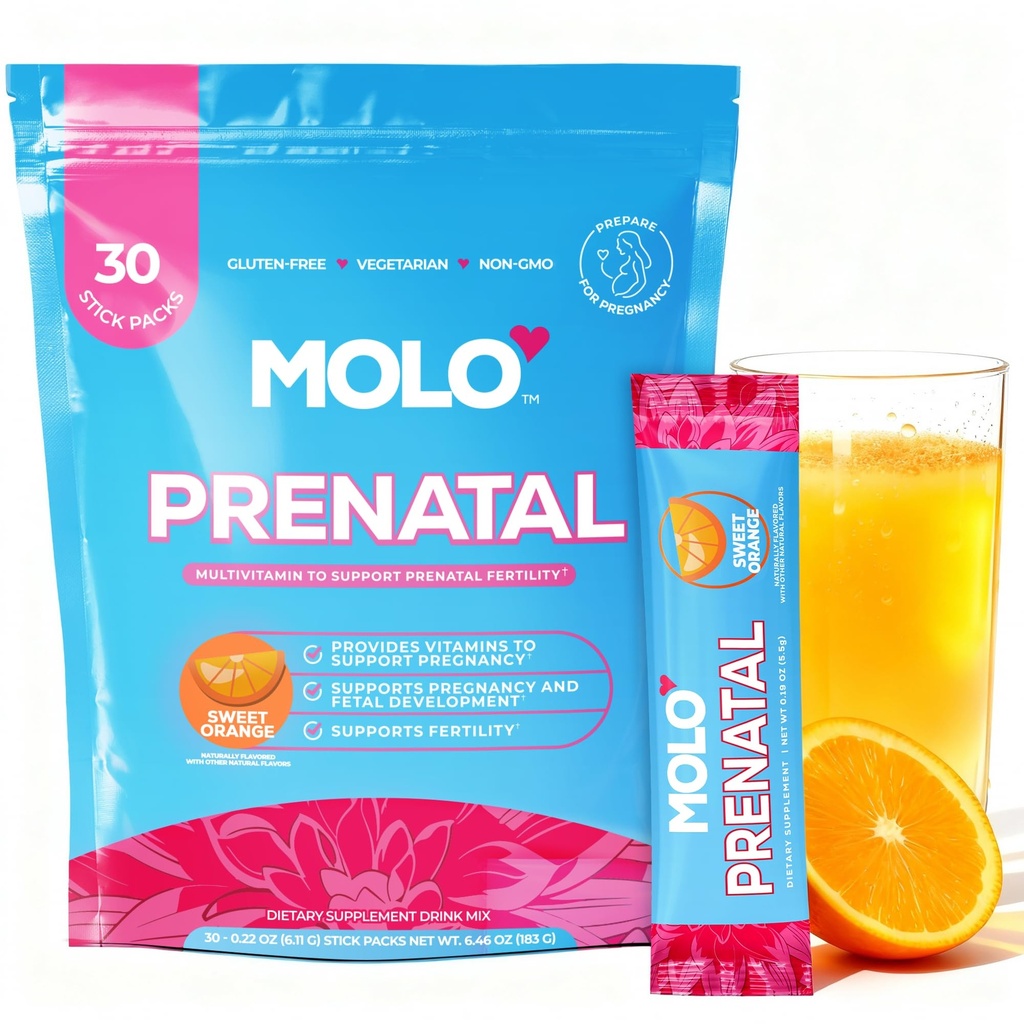MOLO Prenatal Vitamin Drink Mix for Women- Essential Vitamins and Antioxidants, DHA Omega 3, Methylfolate, Iron, CoQ10, L Arginine- 30 Stick Pack Sweet Orange Flavor- Vegetarian, Gluten Free, Non GMO