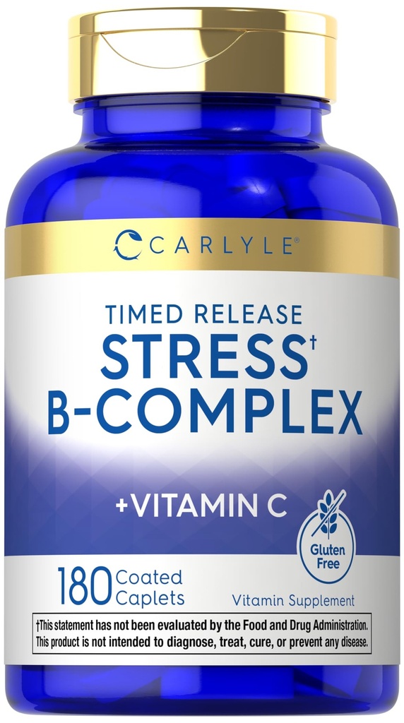 קרליל מתח B-Complex ויטמין | 180 Vegetarian Caplets | עם ויטמין C | Non-GMO & Gluten Free Supplement