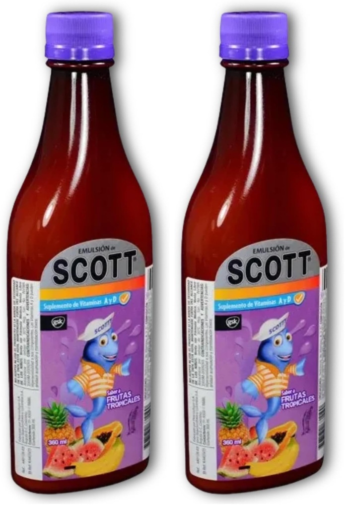 YAHVE - Emulsion de Scott - Sabor Frutas Tropicales (tropical fruit) (360 ml - 12.17 Fl Oz) - Aceite de hígado de bacalao - con vitamina A y Calcio, suplemento dietético para niños. (Pack of 2)