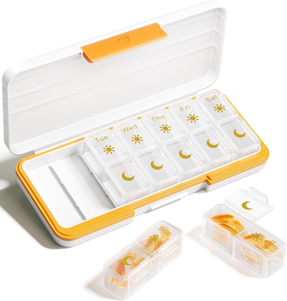 AMPM Pill מארגנת 2 פעמים ביום, 7 יום גלולות שבועיות מארגנת נסיעות עם Container נפרד, Portable Daily Medicine Planner Dispenser Case עבור ויטמין, שמן דגים, תוספים (Beige)