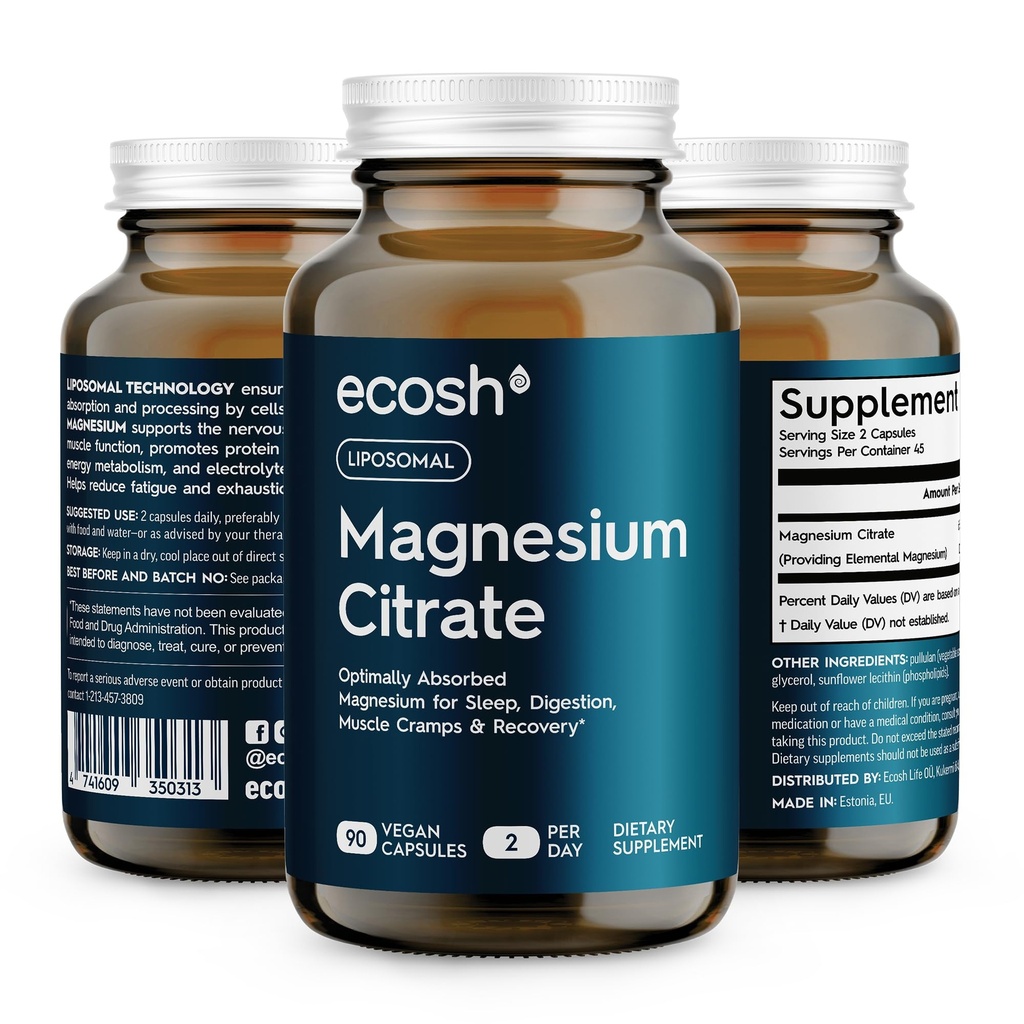 Liposomal Magnesium Citrate Capsules — High Absorption Magnesium Supplement for Constipation, Sleep, Muscle Cramps & Recovery | High Potency Mg | Easy to Swallow Veg Capsules | Non-GMO | 90 ct