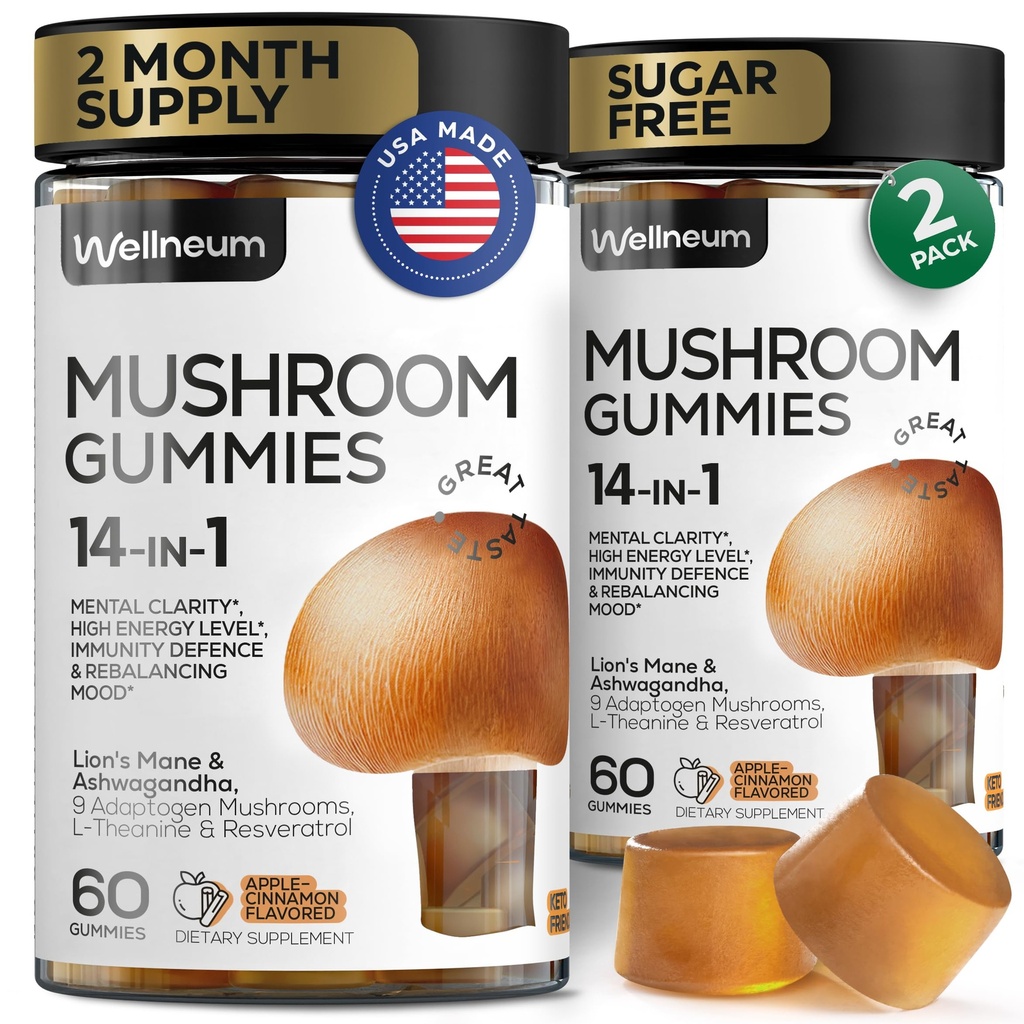 Mushroom Gummies 5000 Mg 120 Pcs (2 Pack) - מלונה של אריה ו 9 מטאטאים אדוגניים ל - Ashwagandha, L-theanine - Mushroom Gummies לאנרגיה, Immunity, Focus, Brain Boost - No Sugar and GMO