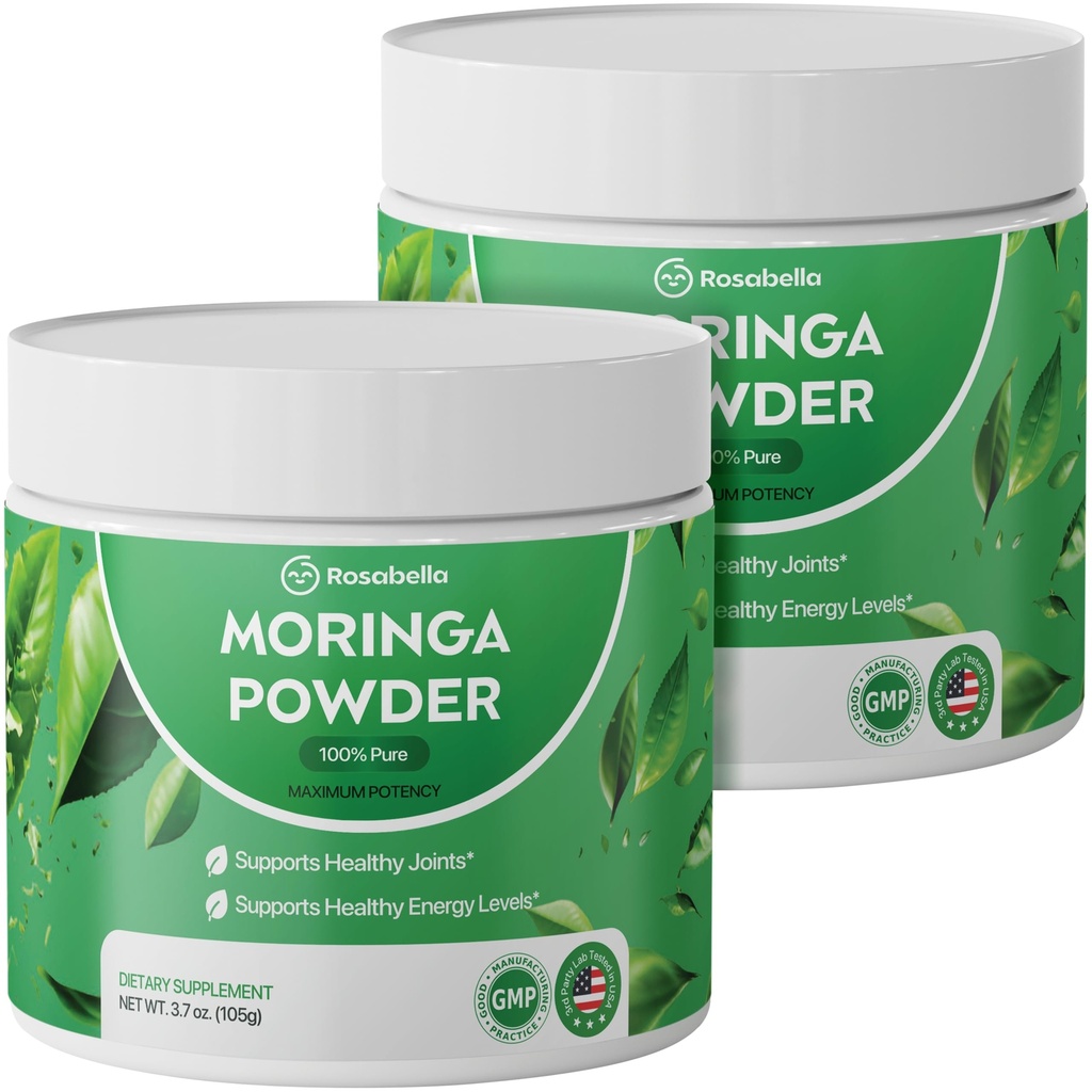 Rosabella Organic Moringa Powder – Pure Moringa Oleifera Leaf, Stone-Ground Fine Powder for Smoothies, Tea & Recipes, Hand-Harvested, Vegan Superfood (3.7oz (Pack of 2))