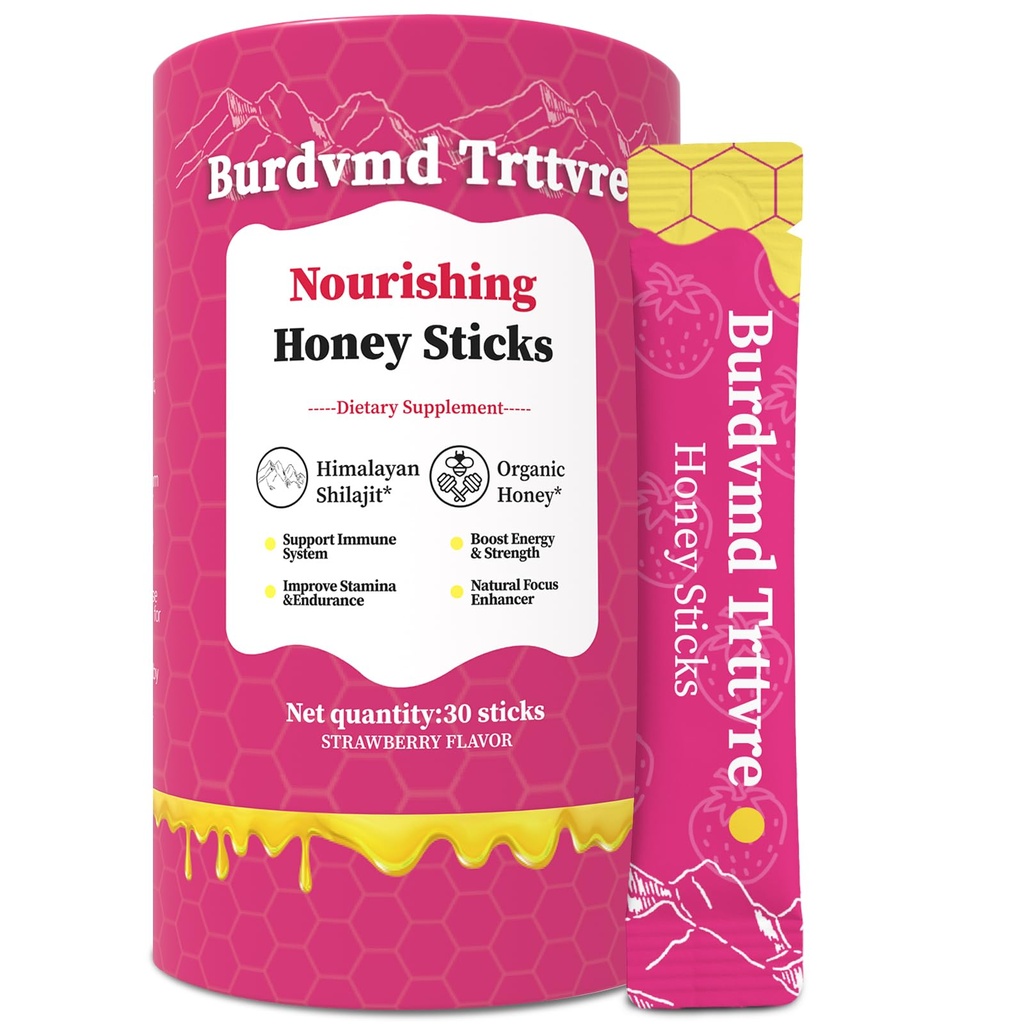 Shilajit Honey Sticks - Shilejit for Women and Men, Strawberry Flavor - Natural Energy & Vitality Support, Hormonal Balance, Focus & Stamina, Non-GMO, 30 Sticks