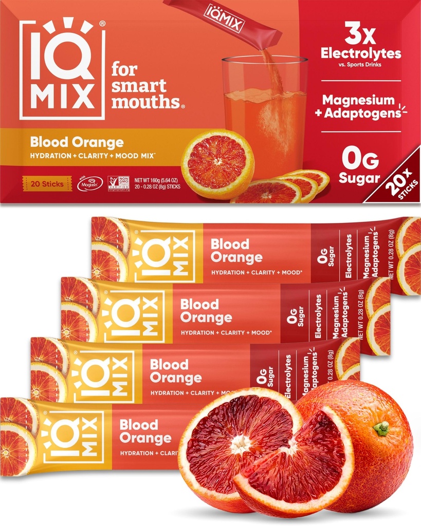 אבקת IQMIX hydrotion Electrolyte - 4in-1 פורמולה להשקה, בהירות נפשית, Mood and Recovery - Sugar-Free Drink Mix, Keto, Magnesium L-Threonate, Lion's Mane - 20 Count Blood Orange Orange
