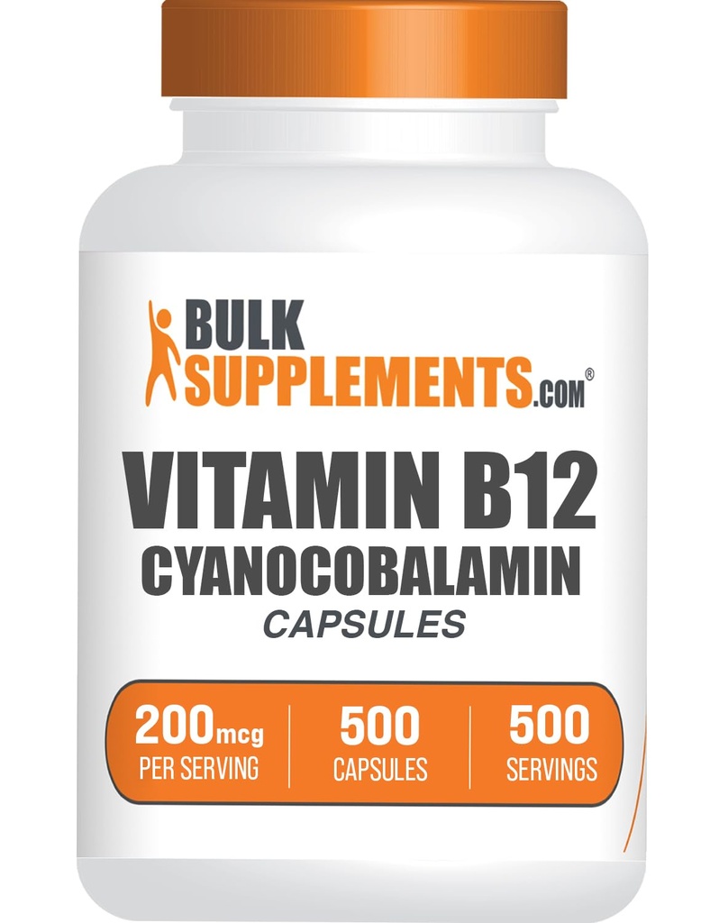 BulkSupplements.com ויטמין B12 כמו Cyanocobalamin, ויטמין B תוסף, ויטמין B12 200 mcg - אנרגיה ויטמין, Gluten חינם, 1 קפסולה לשרת, 500 קפסולות (Pack של 1)