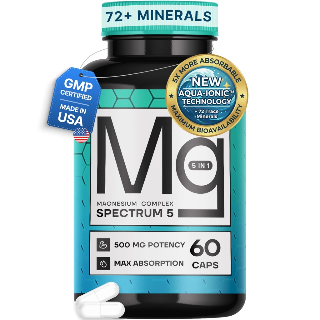 Spectrum 5 Magnesium | 5in-1 Complex + 72 Trace מינרלים for Enhanced Absorption | Irish Sea Sourced | 500 מ"ג לשרת | Made in USA, Third Party Tested, GMP מוסמך