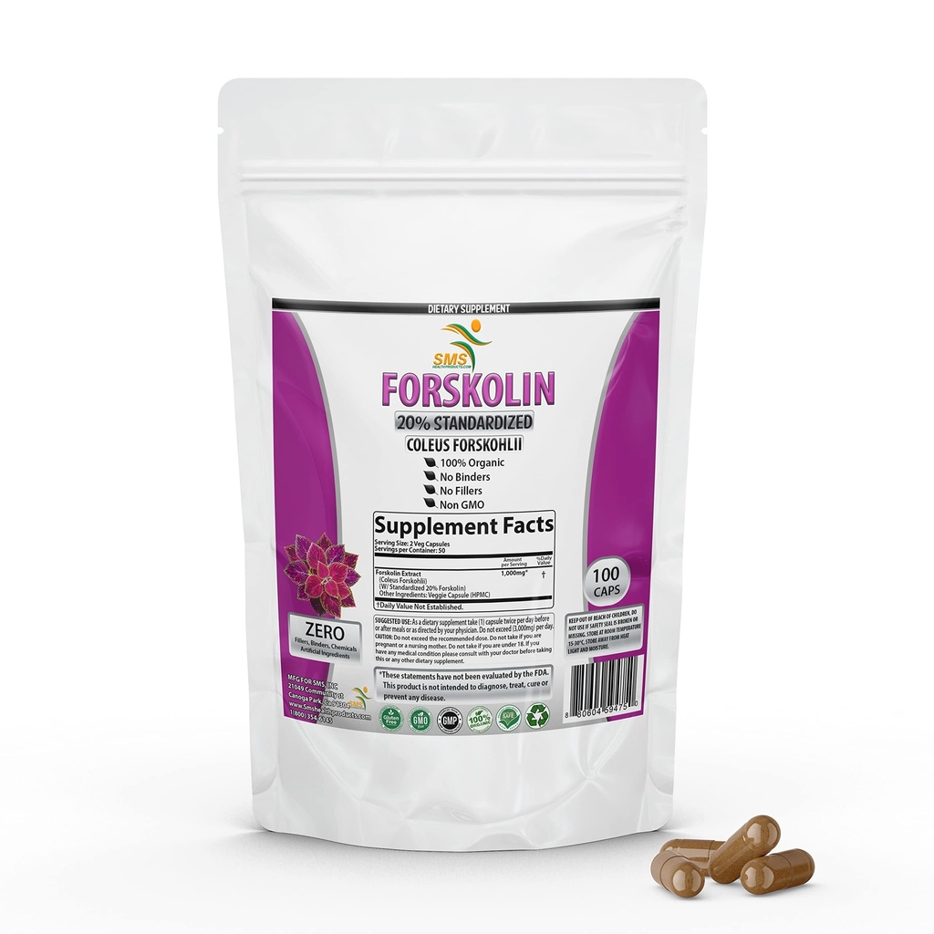 Pure Forskolin לחלץ תוסף עם Potent Coleus Forskohlii 20% סטנדרטי 1,000 מ"ג עבור אנרגיה מוגברת - תוספי אנרגיה מבוססת צמחים עבור נשים וגברים - 100 כמוסות Veggie