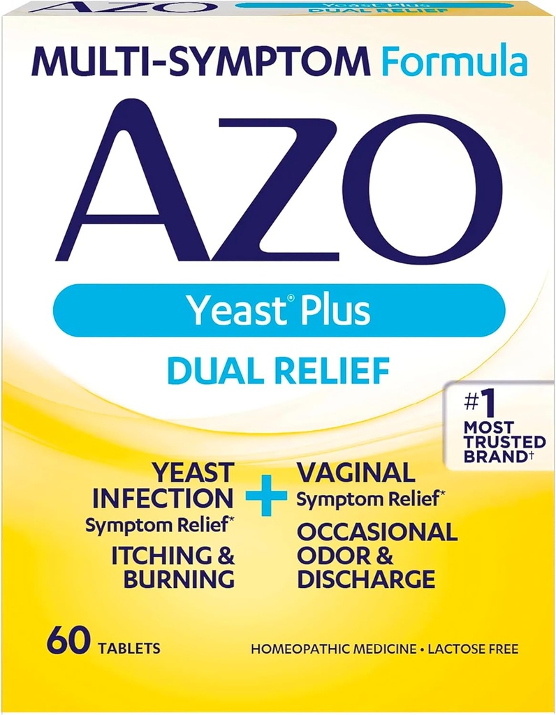 AZO Yמזרח פלוס לוחות סיוע כפולים, Yeast זיהומים ו Vaginal Symptom הקלה, Relieves Vaginal Itching & Burning, 60 Count