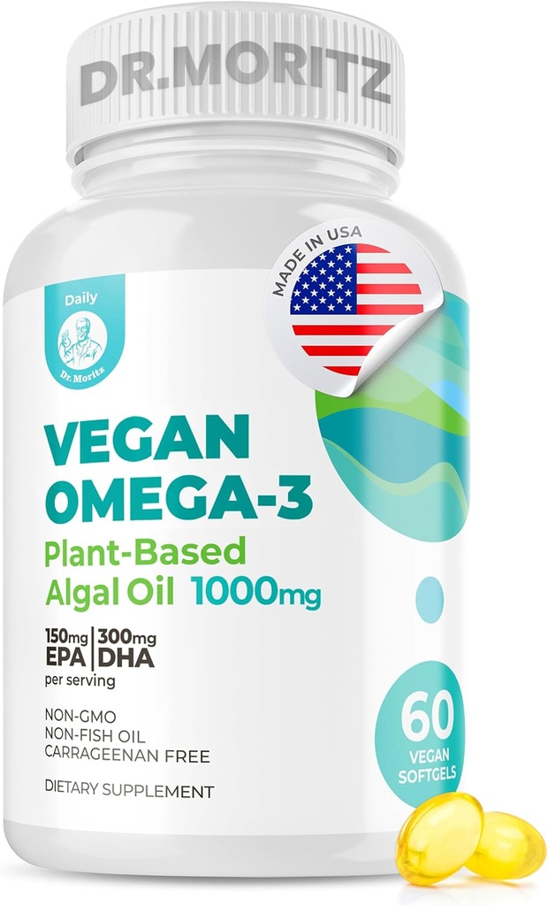DR. MORITZ Vegan אומגה 3 Softgels for Adults and Kids, Made from Algae Oil with DHA EPA, Small Algae אומגה 3s, טבעוני, 60 הרוזן