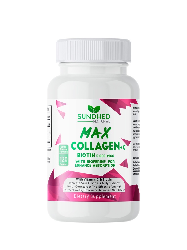Sundhed Max Collagen Plus C - All Natural Collagen with Biotin & Bioperine כדי להגביר את ה- Anti Aging hydrotion & Skin Firmness - חיזוק העצמות וציפורים (Capsules 2-Month) (120 Count)