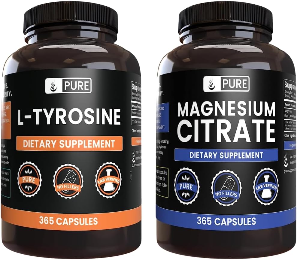 PURE ORIGINAL INGREDIENTS L-Tyrosine ו Magnesium Citrate Bundle, 365 קפסולות כל אחת, תמיד טהור, מעבדה מאומתת