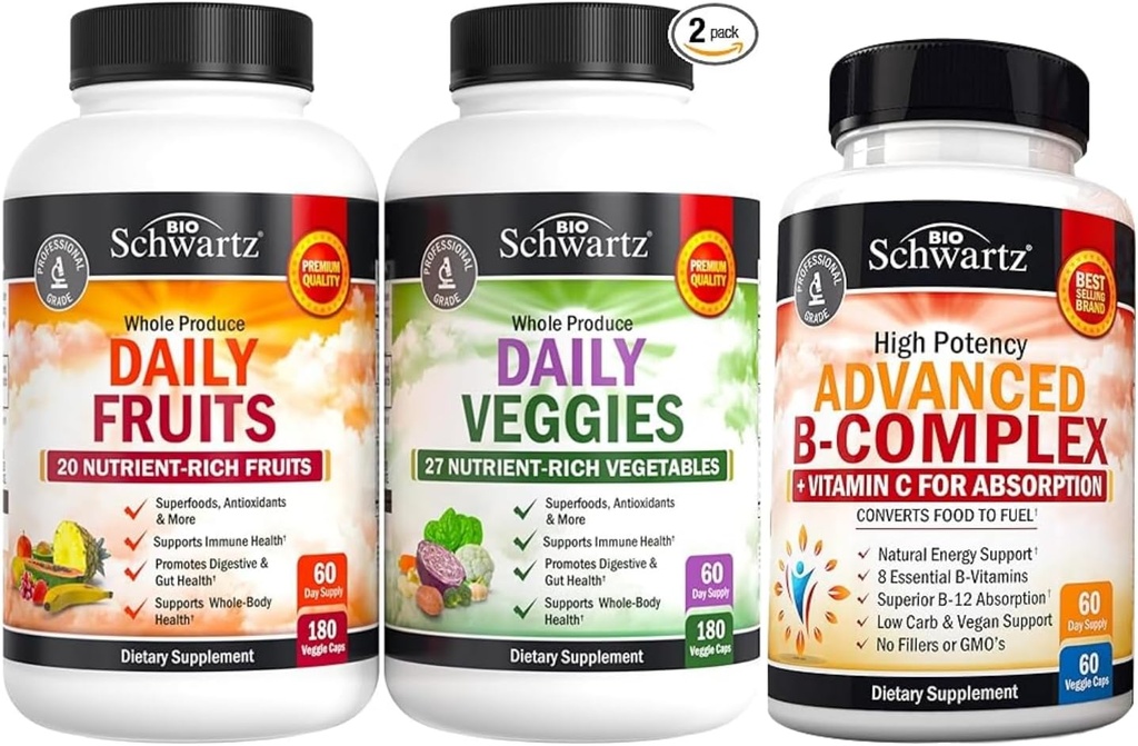 BioSchwartz Daily Fruits and Veggies תוספת לנשים וגברים (2 חודשים אספקה) בתוספת ויטמין B מורכב עם ויטמין C (2 חודש אספקה)