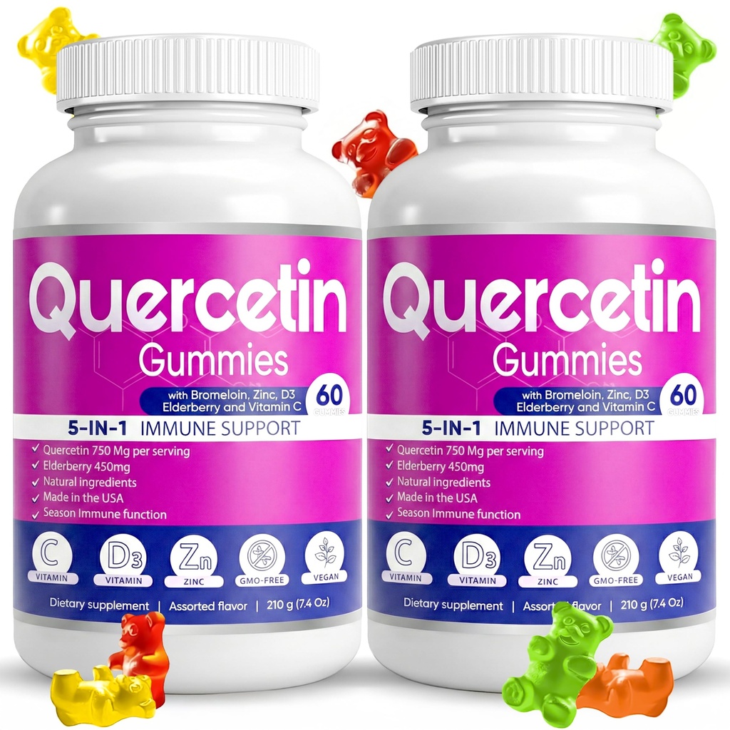 (2 Pack) Quercetin Gummies על ידי BioVitalica - Quercetin עם ויטמין C ו Zinc & Elderberry + ויטמין D3-5 ב 1 Immune Support - Zinc Quercetin 750 מ"ג לילדים ומבוגרים