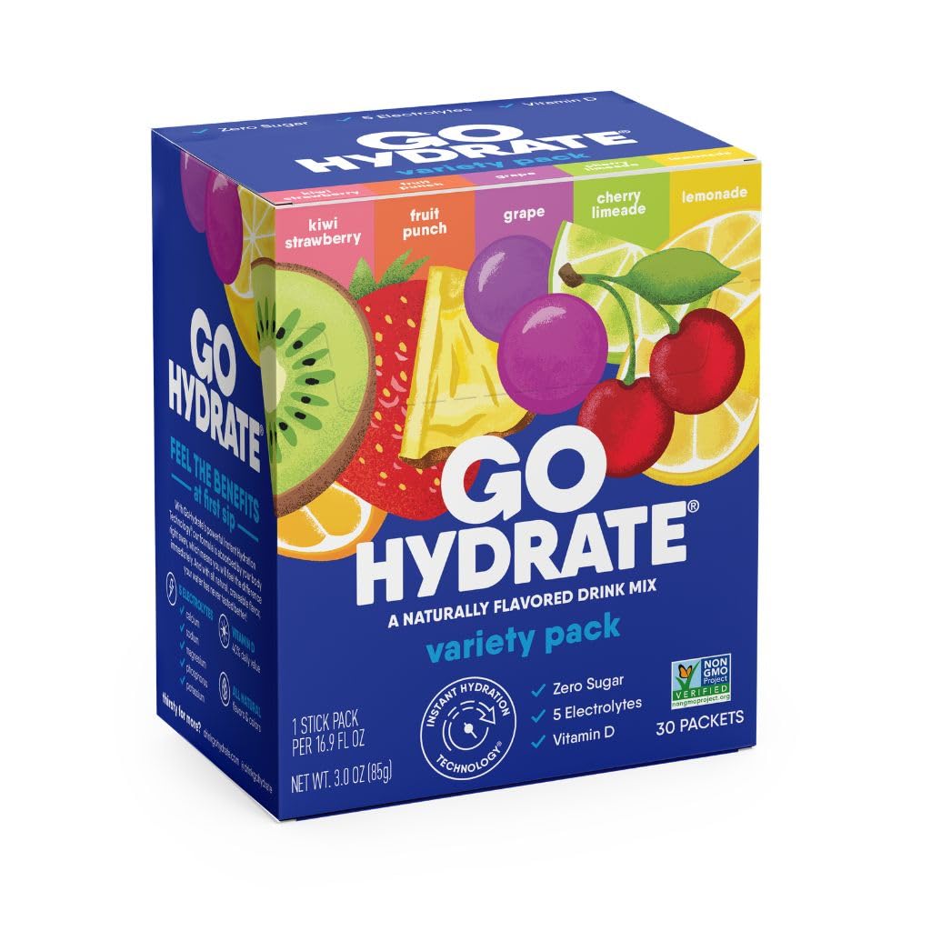 GoHydrate Low Sodium Electrolytes אבקת Packets סוכר חינם - מיידית hydrotion Daily Drink - Zero Sugar Water Flavor Packet Singles with ויטמין D - (Variety Pack, 30 Packs)