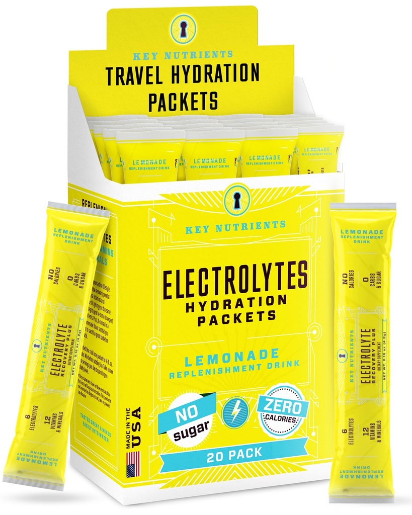 KEY NUTRIENTS אבקת Packets 20 Pack - No Sugar, מרעננת Lemonade, hydrotion Packets עם אבקת אלקטרוליט עבור מרעננים אלקטרוליטה שתי חבילות - Zero Calories