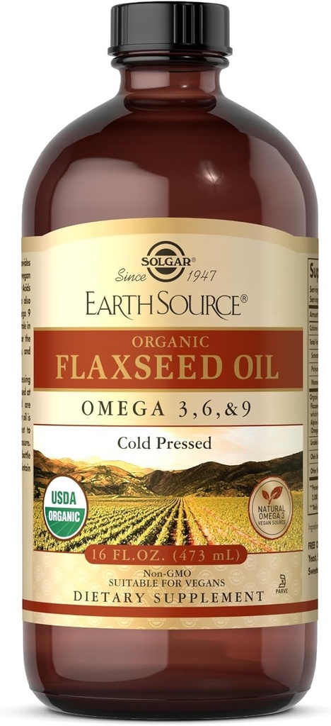 Solgar Earth Source Organic Flaxseed Oil - 16 fl oz - Cold Pressed - אומגה 3, 6 & 9 - USDA אורגני, non-GMO, Gluten Free - כ-31 משרתים