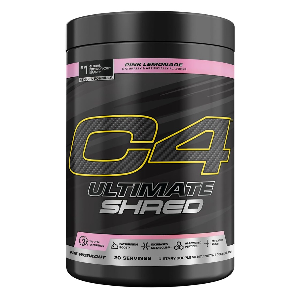 Cellucor C4 Ultimate Shred Pre Workout אבקת, תוסף Metabolism עם קייאן פלט +300 מ"ג Caffeine+TeaCrine+Dynamine - Lemonade ורוד, 20 משרתים