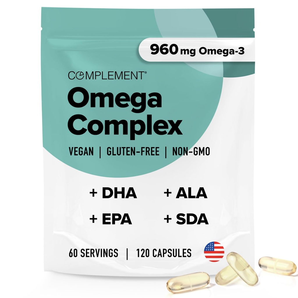 Complement Vegan אומגה 3- 960 מ"ג אומגה 3 3 חומצות שומן, DHA, EPA, SDA, ALA תוסף - תמיכה כספית 60 משרתים, 120 קפסולות נוזליות