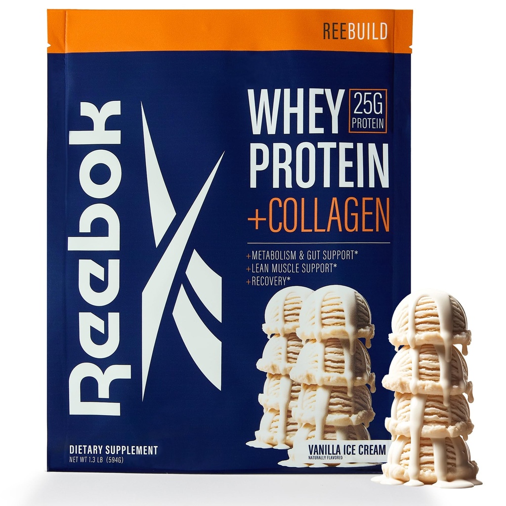Reebok Whey חלבון אבקה + Collagen Peptides | 25g חלבון עם 9 אמינו Acids | שריר התאוששות, Joint & Gut תמיכה | Informed-Sport Certified | ReeBuild Vanilla Ice Cream Flavor, 1.3 lb lb lb lb lb Recovery, התאוששות שרירים משותפים & Gut | Informed-Sport Certified