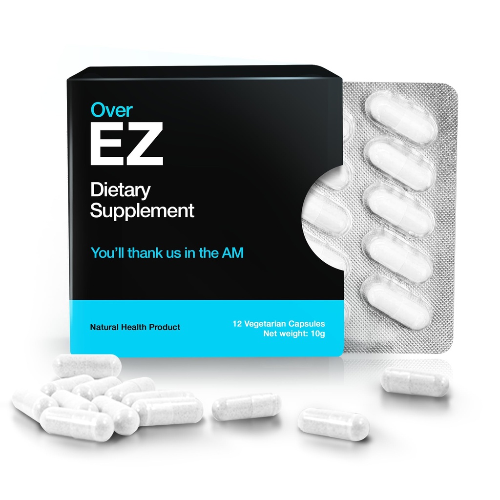OVER EZ Pre-Drink תוסף - Party Recovery & Prevention Pills for a Night Out & Better Mornings (12 קפסולות) & Milk Thistle, Amino Acids, ויטמין Bs