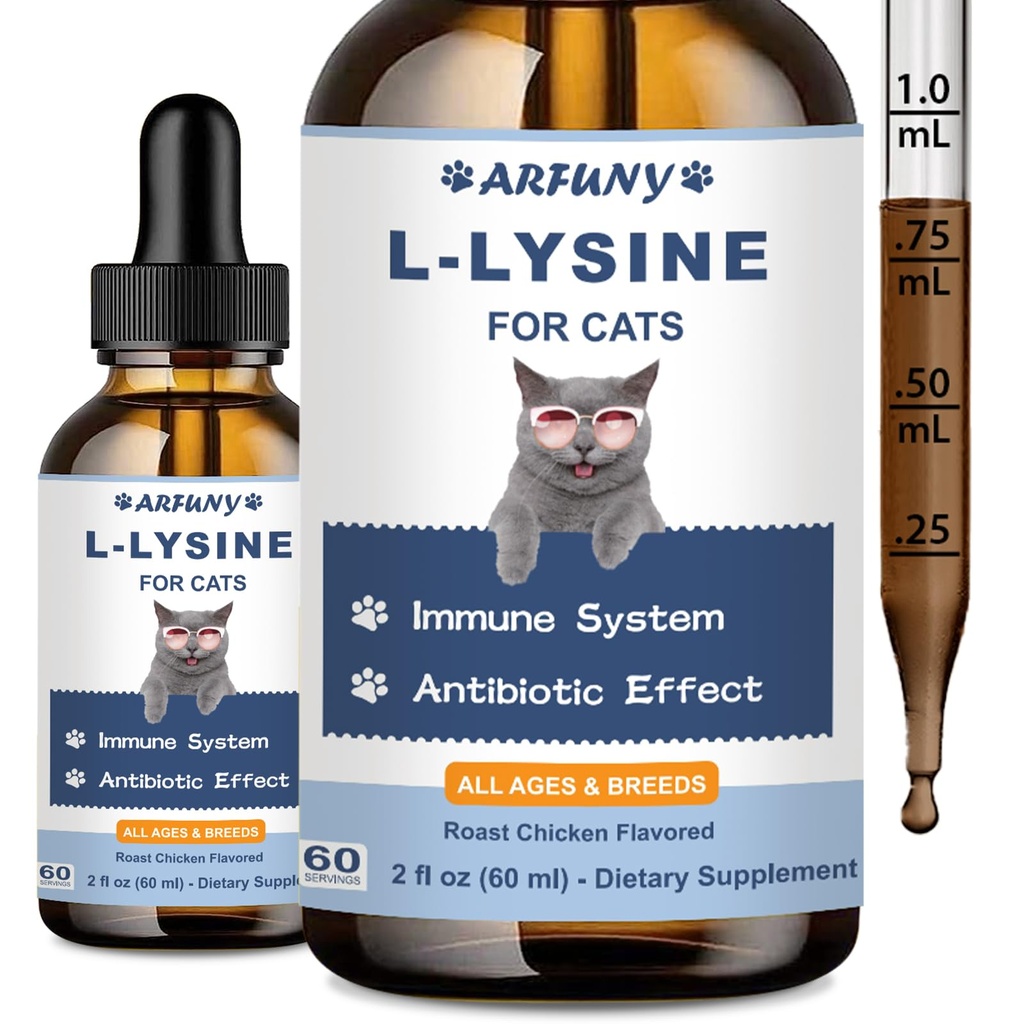 L-Lysine תוסף לחתולים - תמיכה תזונתית - 60ML Lysine for Feline Respiratory, Sneezing, Runny Nose, Eye Function - Natural Cat Antibiotic Drops - Roast Chicken Flavor