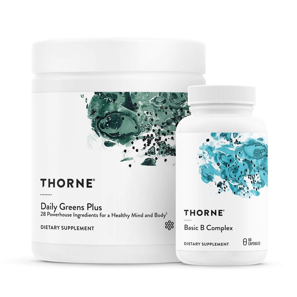 THORNE - Energy Bundle - Daily Greens Plus & Basic B Complex - מקדם אנרגיה סלולרית וסילוק גופני - 30 משרתים