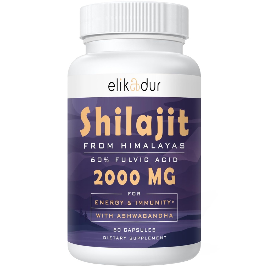2000 MG Shilajit תוסף, Shilajit Resin אורגני, Shilajit קפסולות,100% שילאג'יט טהור עם 85+ Trace מינרלים & 60% Fulvic Acid,Boost Energy & Immunity, Vegetarian, Natural, 60 קפסולות