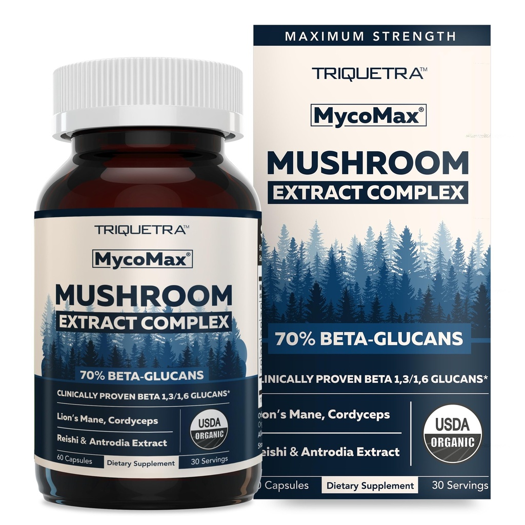 MycoMax Mushroom Complex - 70% Beta Glucans, Max Potency Mushroom, US Grown + Ultra Extraction - Lions Mane, Cordyceps, Reishi & More - Cognition, Immunity, Energy - 60 כמוסות