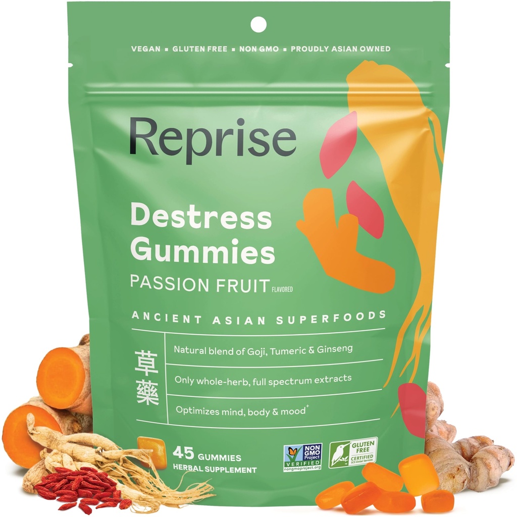 De-Stress Gummies with American גינזנג, Turmeric ו-Goji - סיוע עם Stress Relief & Mood Boost, All-Naturallaxation, Low-Sugar, 45 חניכיים טבעוניות, Passion Fruit (45mies (Pack of 1))