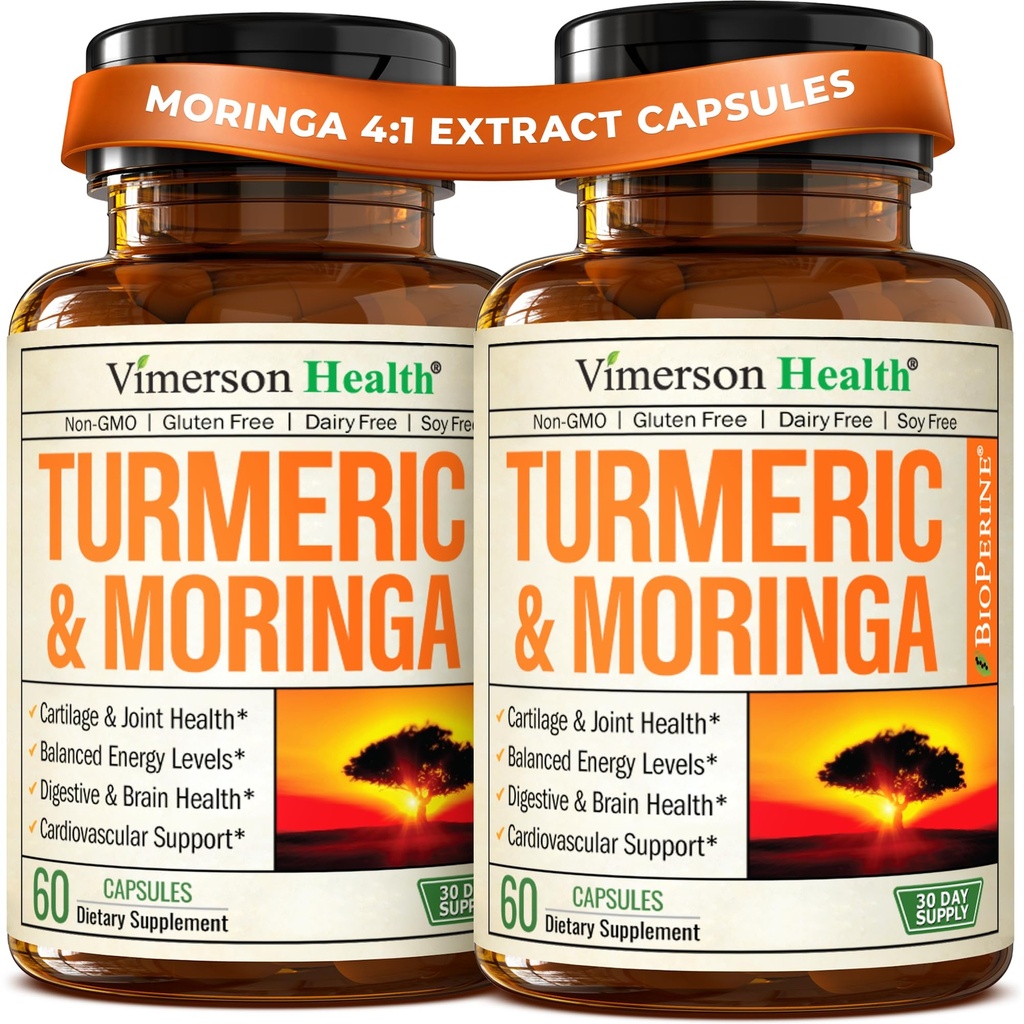 Moringa + Turmeric Curcumin תוסף לבריאות משותפת, Gut Health, אנרגיה ותמיכה Immune - Total Wellness Formula - Tumeric Curcumin עם Black Pepper & Moringa Pure כמוסות - 60 Count - 2 Pack