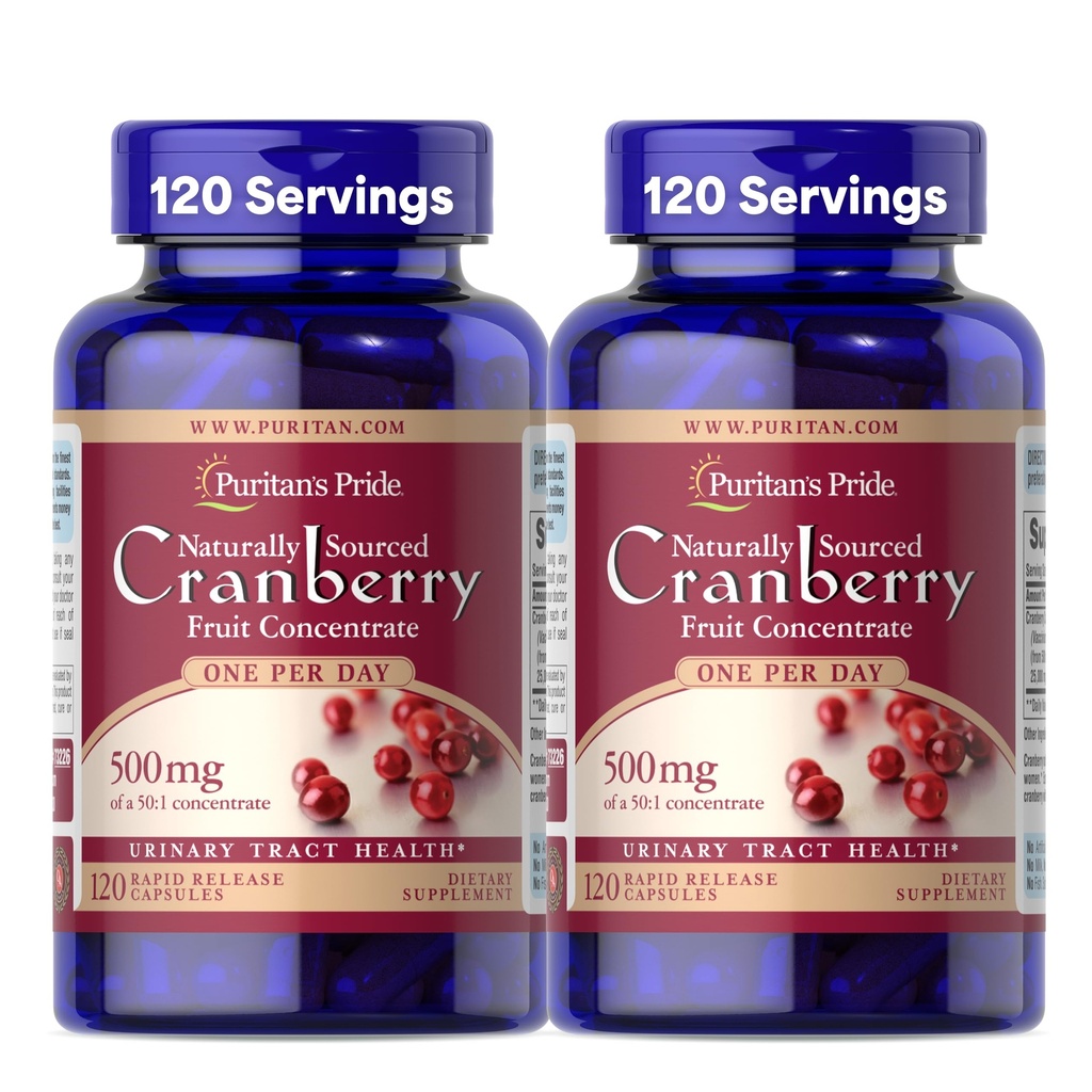 הגאווה של Puritan באופן טבעי Sourced Cranberry One Per Day פירות ריכוז 500 מ"ג, 50:1 תוספת תזונתית לתמיכה Urinary Tract, 4 חודשים אספקה, 120 קפסולות שחרור מהיר, 2 Pack