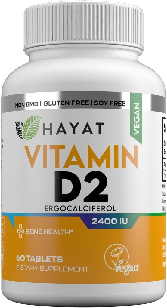 ויטמין HAYAT ויטמין D2 2400 IU (60 MCG), תוספת תזונתית עבור העצם, שיניים, שריר ותמיכה בריאות החיסון, 2 חודשים אספקה, כל ההלל טבעי, מוסמך, 60 טבליות, המיוצר בארה"ב