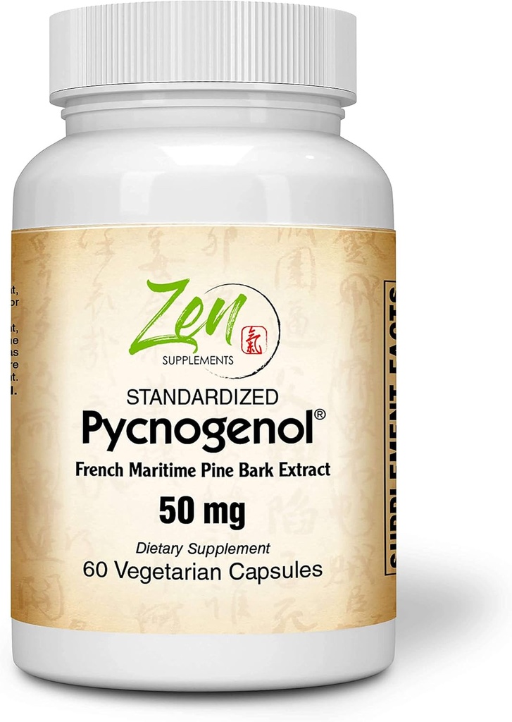Zen Supplements Pycnogenol 50 מ"ג - הפקה סטנדרטית של פין הים הצרפתי Pine Bark עבור אנטיoxidant & Inflammation Support - Non-GMO, Gluten & Soy Free 60-Vegcapscaps