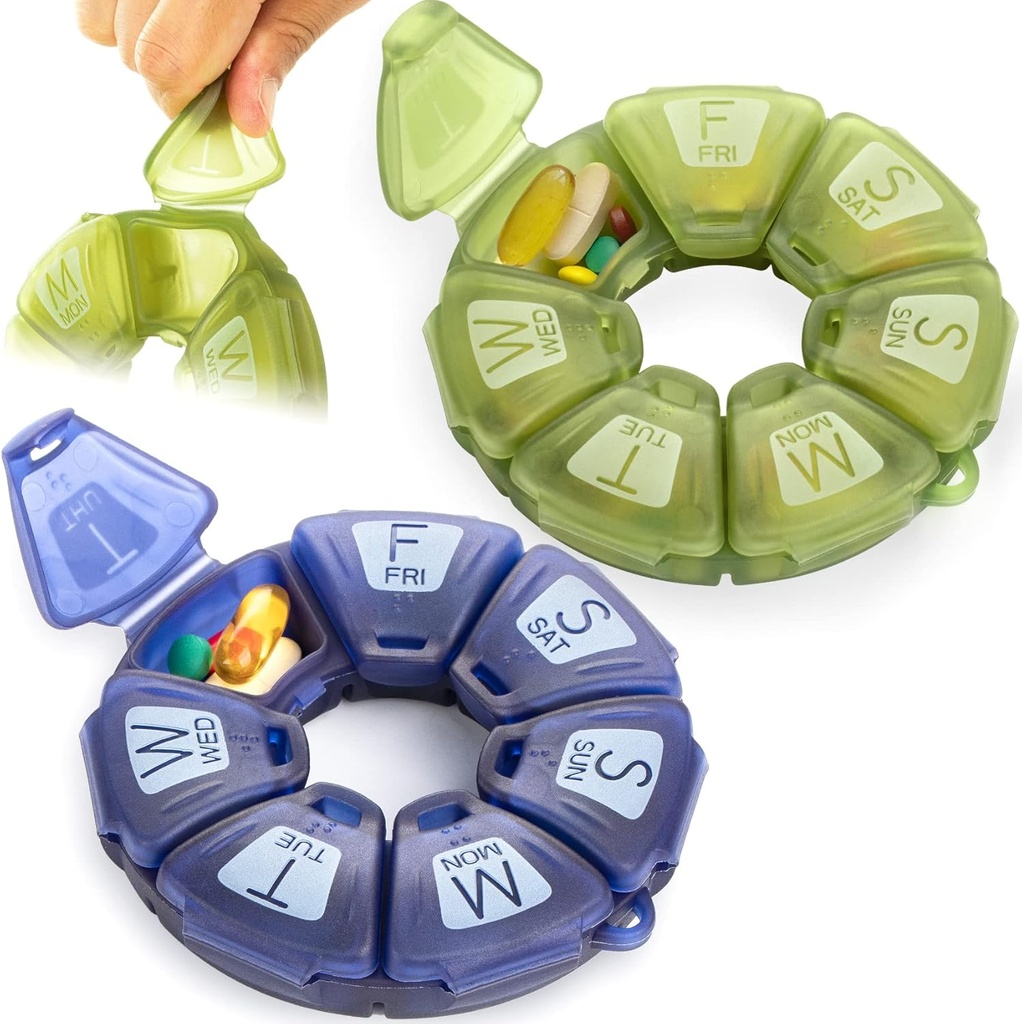 מארגנת גלולות שבועיות עגולות, TPU גומיized, Travel Container 7 יום, עם 7 השוואות גדולות, גדול עבור ויטמינים יומי ותוספים, תיק גלולה יפה עם אותיות גדולות וברילי (2 מחשבים)