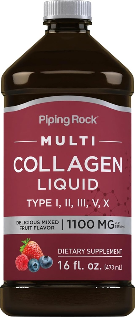 Piping Rock Liquid Collagen 16 floz | 1100 מ"ג | פירות פלאדור | Multi Collagen Peptides | עם ויטמין C | Non-GMO, Gluten Free Supplement