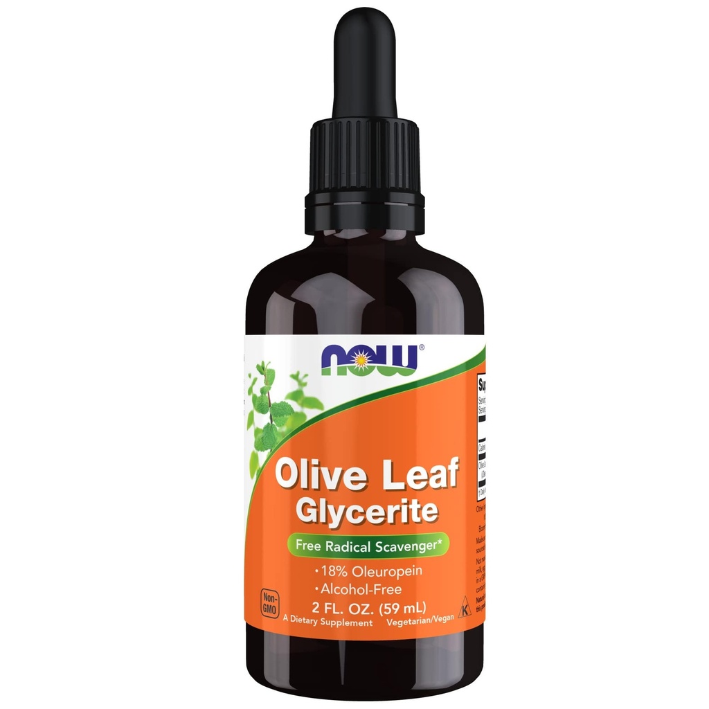 תוספי מזון עכשיו, אוליב Leaf Glycerite נוזל, 18% Ol Europein, Dropper Included, Free Radical Scavenger