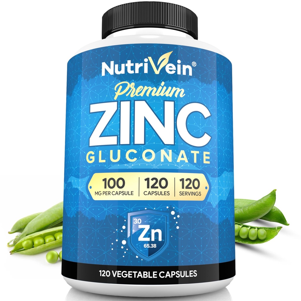 Nutrivein Premium Zinc Gluconate 100 מ"ג - 120 קפסולות: High-Absorption Zinc Gluconate תוספי עבור Whole-Body Well-Being - יסודות חיוניים לבריאות