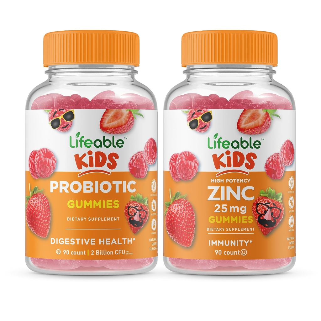 Probiotic 2 מיליארד CFU Kids + Zinc 25 מ"ג ילדים, חניכיים Bundle - גדול Tasting, ויטמין תוסף, Gluten Free, GMO חינם, Chewable Gummy