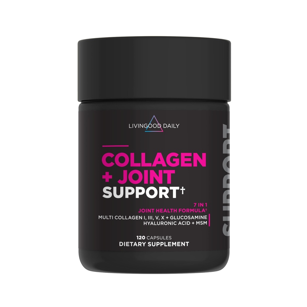 Livingood Daily Collagen + Joint Support, Grass Fed Multi Collagen Peptides I III V X עם Hyaluronic Acid, תוספת תמיכה משותפת לנשים וגברים, Hair Skin Nails, Keto & Gluten חינם, 120 קפסולות