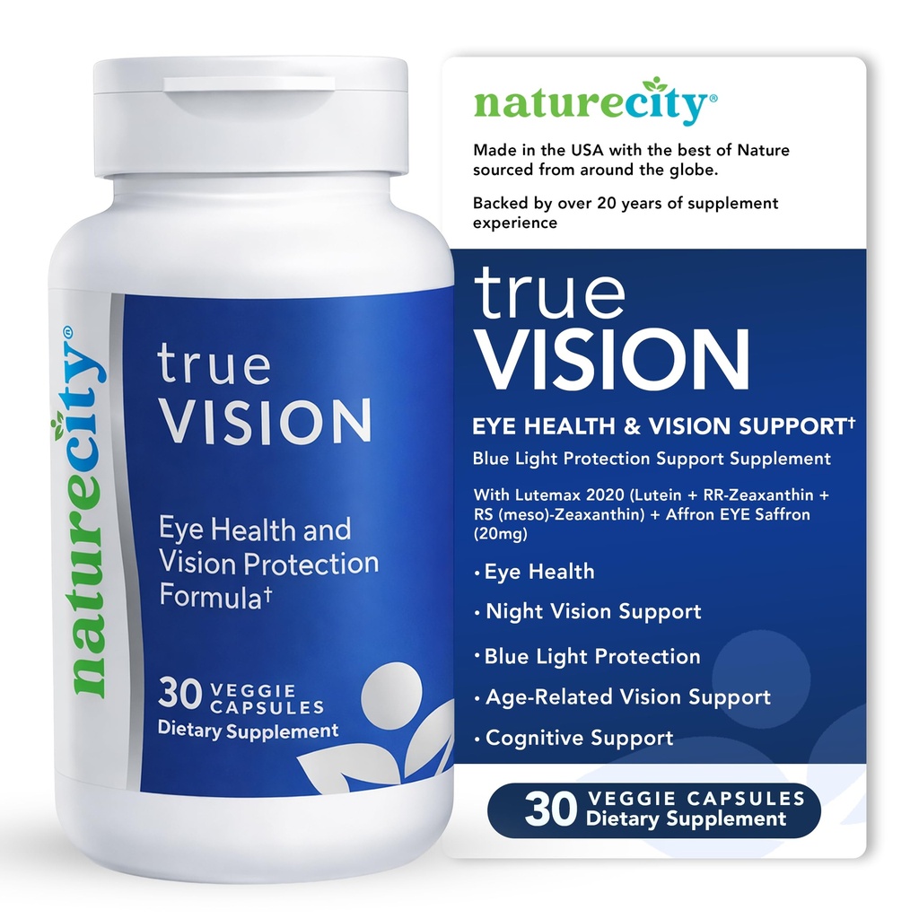 NatureCity True-Vision Eye Health תוסף - Lutein מבוסס צמחי ו-Zaxanthin עם High Potency Saffron 20 מ"ג - Blue Light Protection, Support Central and Night Vision (30 קפסולות Veggie)