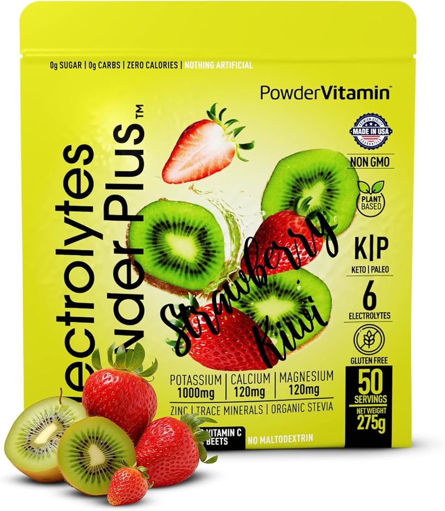 אבקת אלקטרוליטים פלוס (50 משרתים), 0 Calorie Keto, 0 סוכר, No Maltodextrin, 1000mg Potassium, 120 מ"ג Calcium, 120 מ"ג מגנזיום, אבקת לחות (50 משרתים, Strawberry קי)