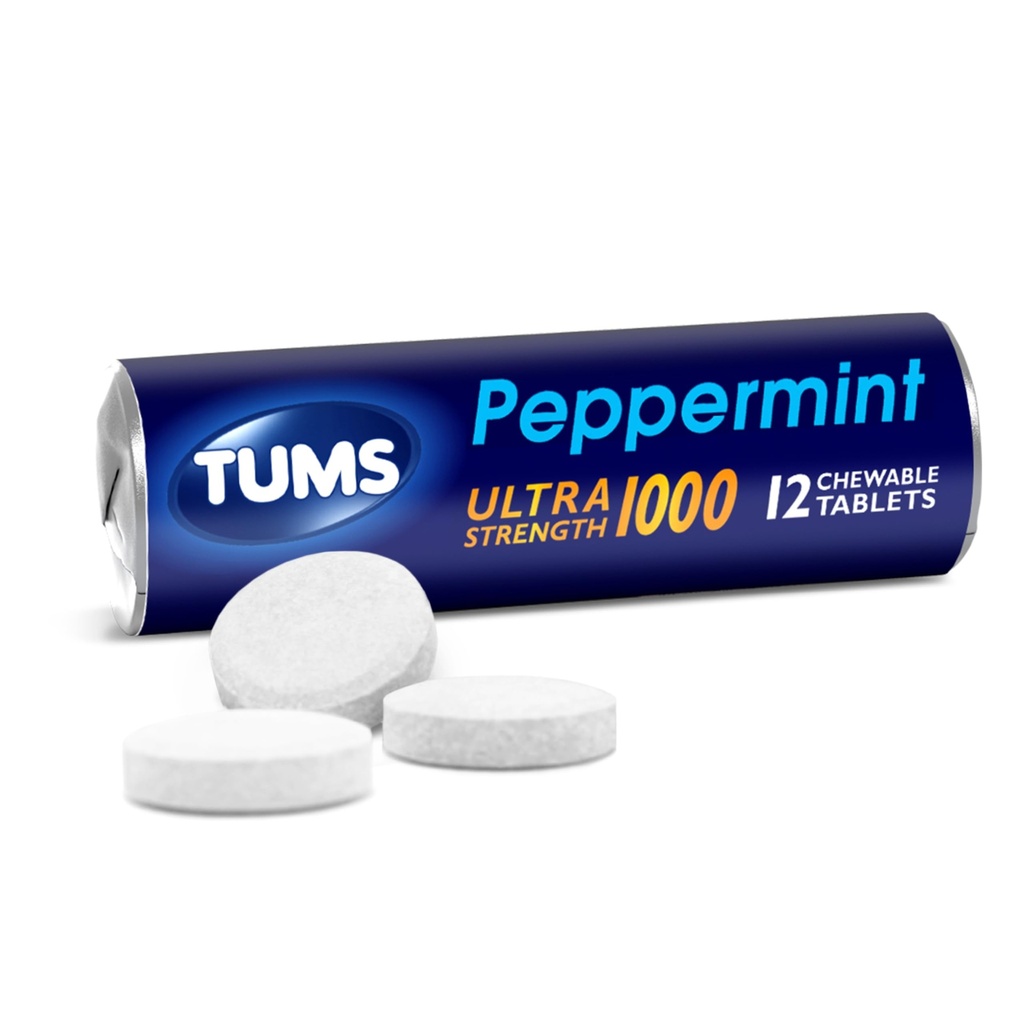 TUMS Antacid Chewable Tablets Assorted Fruit – 12 rolls - Fast Heartburn Relief, Calcium Carbonate Formula, On-the-Go Digestive Support, Easy to Carry (Pack of 12 Rolls).