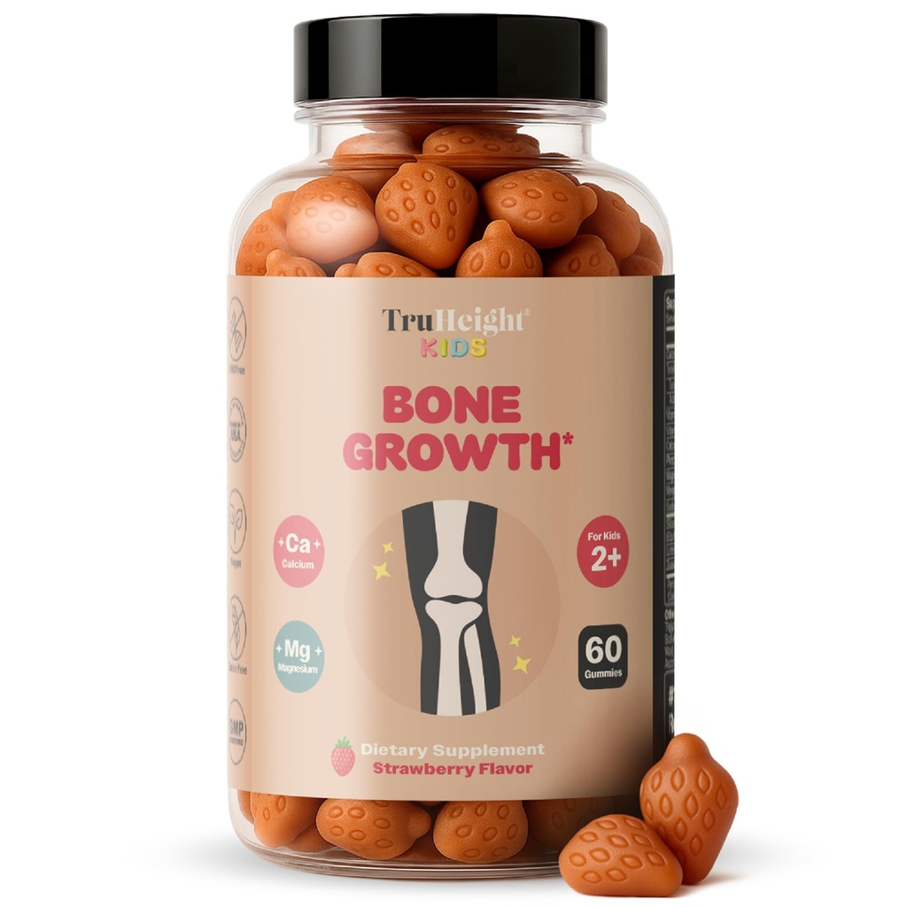 TruHeight Kids Bone Growth Gummies (Strawberry, Ages 2+) All Natural Kids & טודלר ויטמינים - ויטמין D, Calcium, K2, Magnesium Multivitamin - צמיחה טבעית ופיתוח, בונה עצמות חזקות, טבעוני טבעוני