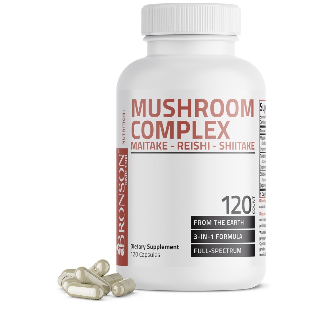 Bronson Triple Mushroom Complex - Maitake - Reishi - Shiitake - Powerful Antioxidant and Immune System Booster - Full Spectrum Mushroom Complex - 600 מ"ג קפסולות - Count 120