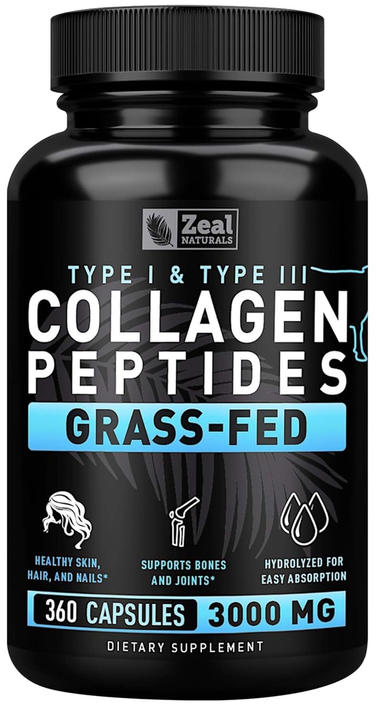 Zeal Naturals Collagen Peptides Collagen Pills (360 קפסולות) Grass Fed Collagen Pepetide אבקת - hydrolyzed Collagen אבקת עבור תוסף משותף TendonHair עור וציפורים - - -